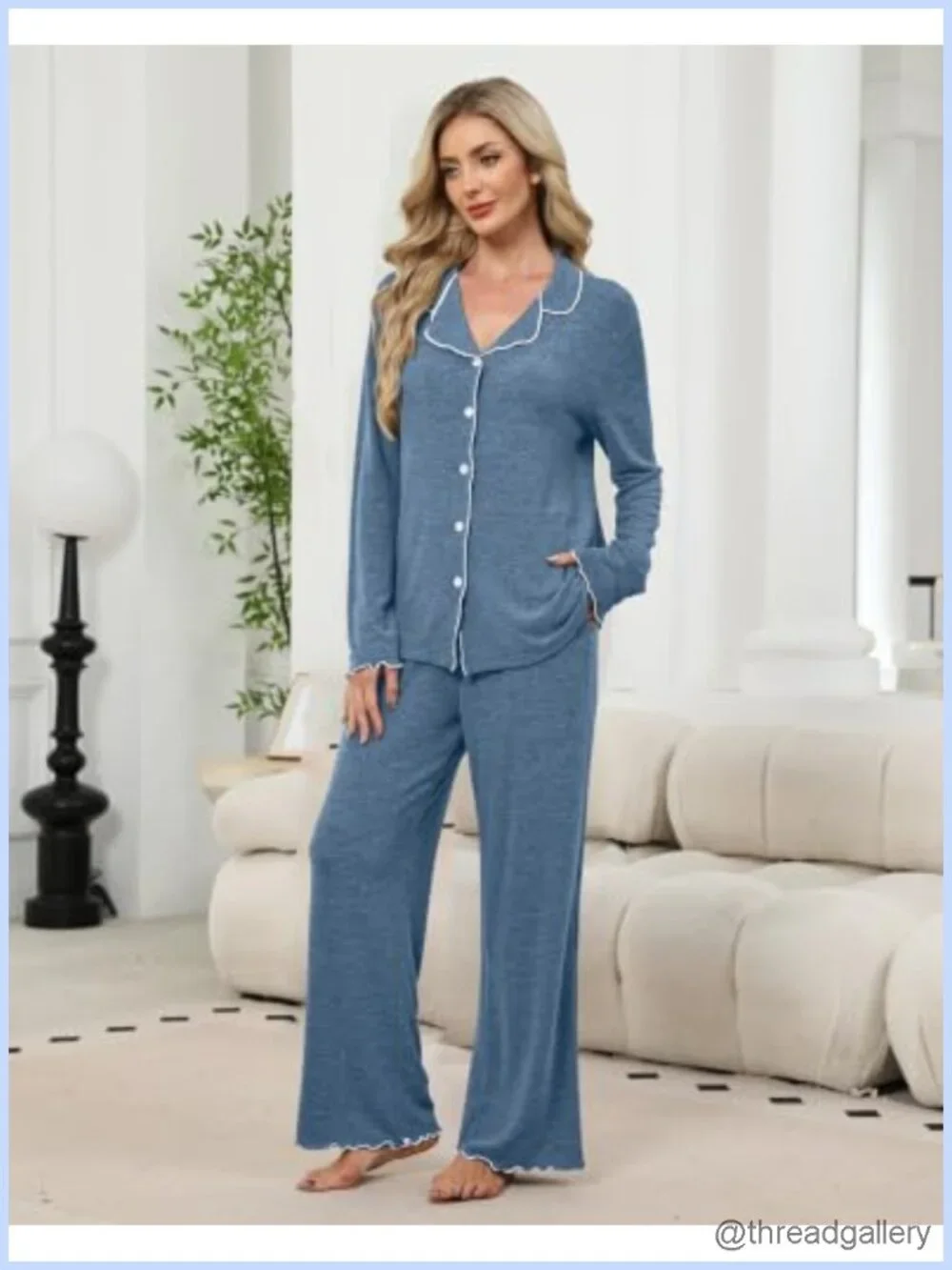 Women's Pajama Set Ruffle Long Sleeve Button Up 2 Piece PJs Lounge Sleepwear